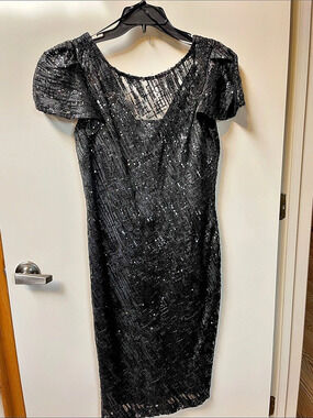 MARINA Black Sequin Short Sleeve Sheath Dress Size 8
